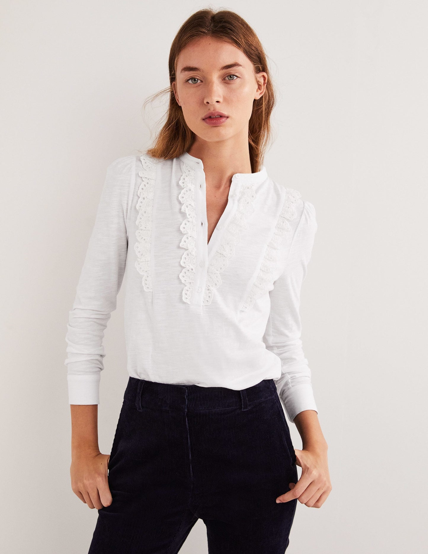 Broderie Ruffle Jersey Top-White
