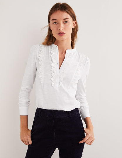 Broderie Ruffle Jersey Top-White