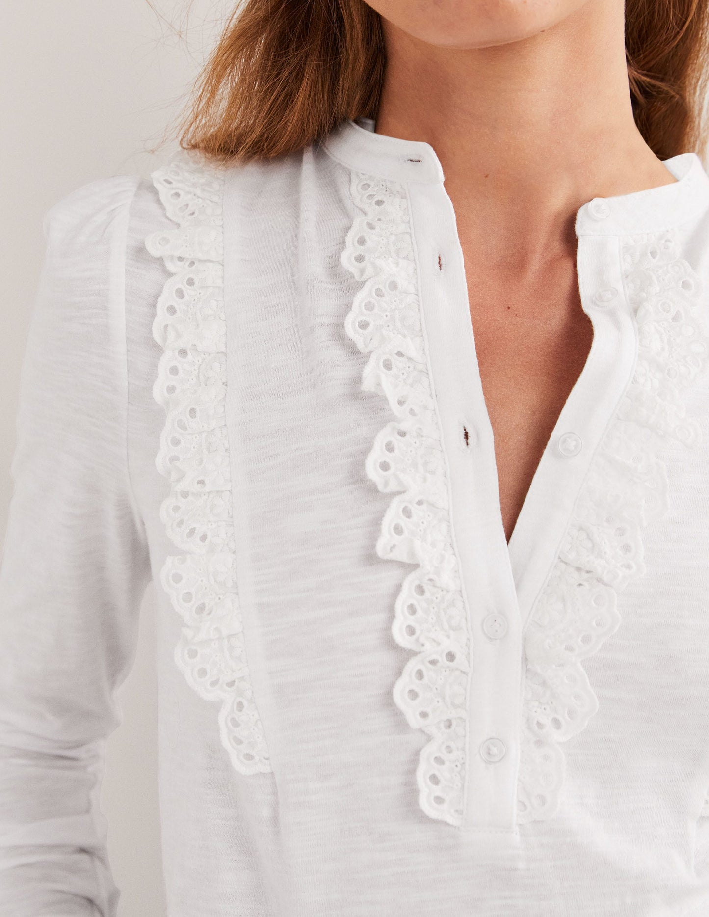 Broderie Ruffle Jersey Top-White