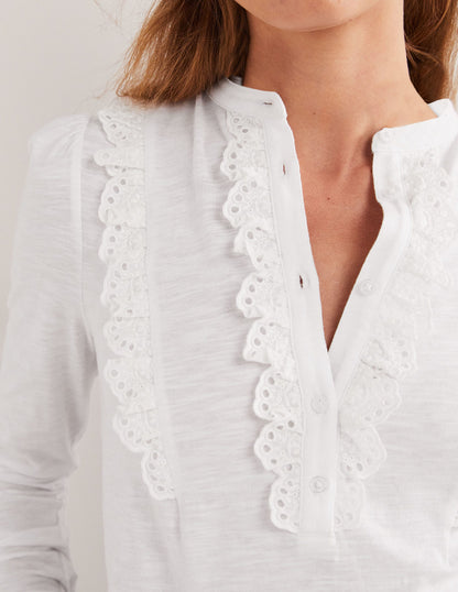 Broderie Ruffle Jersey Top-White