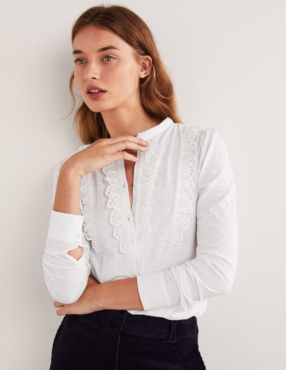 Broderie Ruffle Jersey Top-White