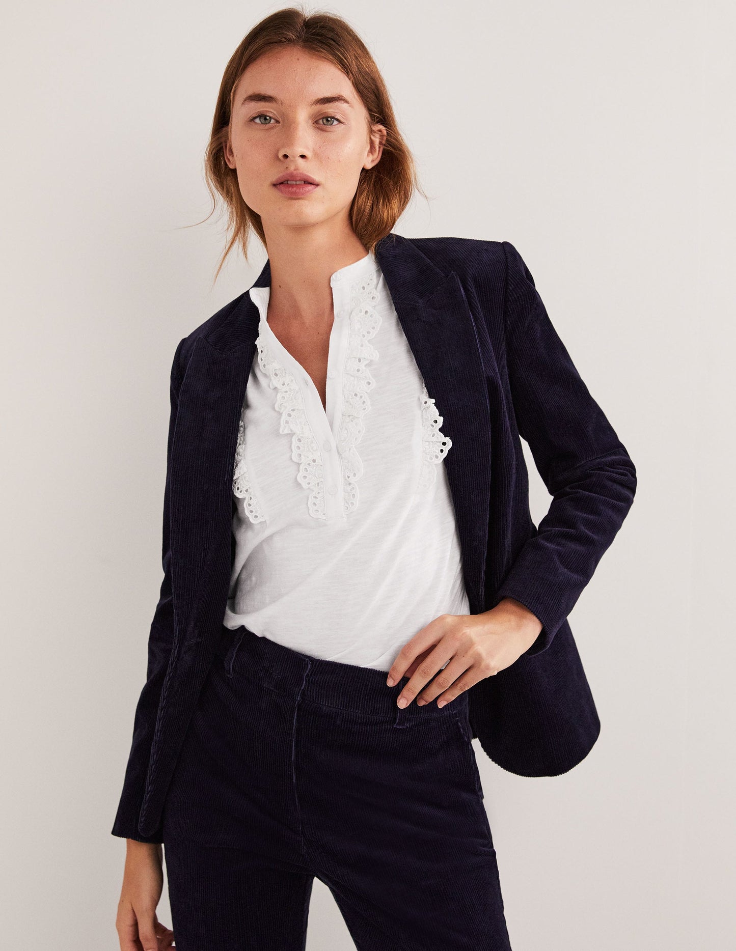 Broderie Ruffle Jersey Top-White