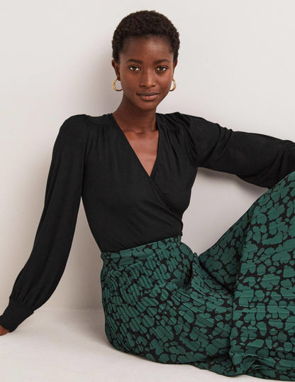 Blouson Wrap Top-Black