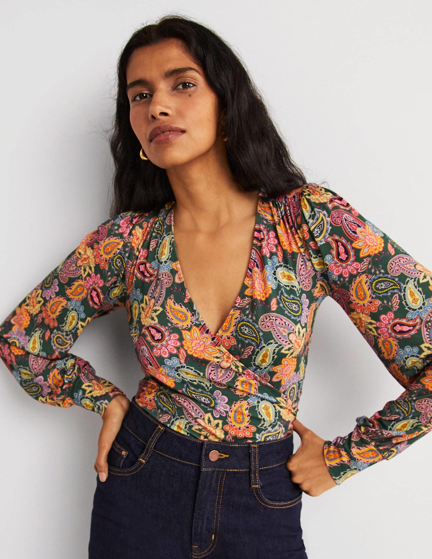 Blouson Wrap Top-Trekking Green, Paisley Charm