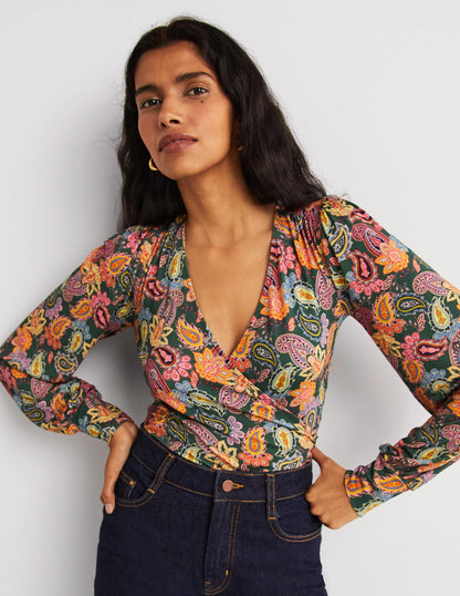 Blouson Wrap Top-Trekking Green, Paisley Charm