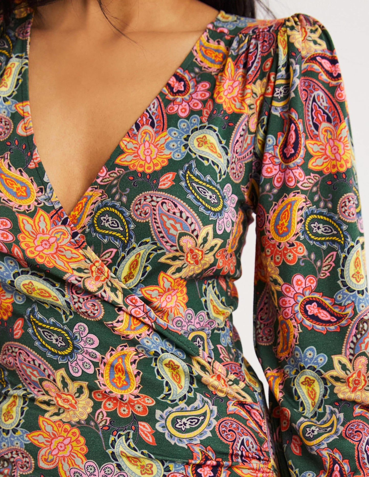 Blouson Wrap Top-Trekking Green, Paisley Charm