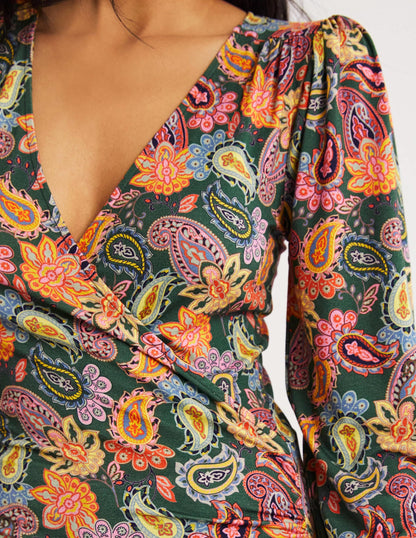 Blouson Wrap Top-Trekking Green, Paisley Charm