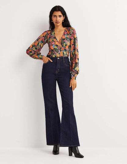 Blouson Wrap Top-Trekking Green, Paisley Charm