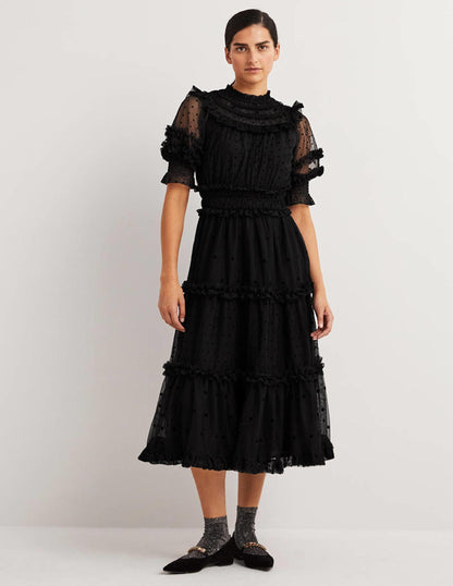 Black Polka Dot Tulle Midi Dress-Black