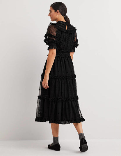 Black Polka Dot Tulle Midi Dress-Black