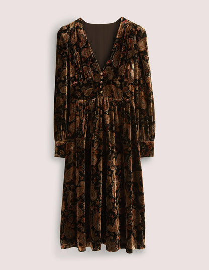 Black Paisley Velvet Midi Party Dress-Black, Paisley Passion