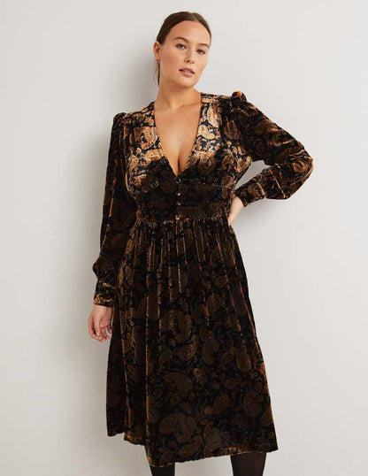 Black Paisley Velvet Midi Party Dress-Black, Paisley Passion