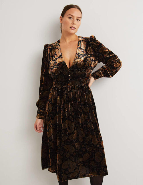 Black Paisley Velvet Midi Party Dress-Black, Paisley Passion