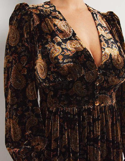 Black Paisley Velvet Midi Party Dress-Black, Paisley Passion