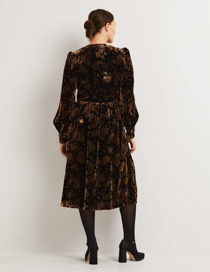 Black Paisley Velvet Midi Party Dress-Black, Paisley Passion