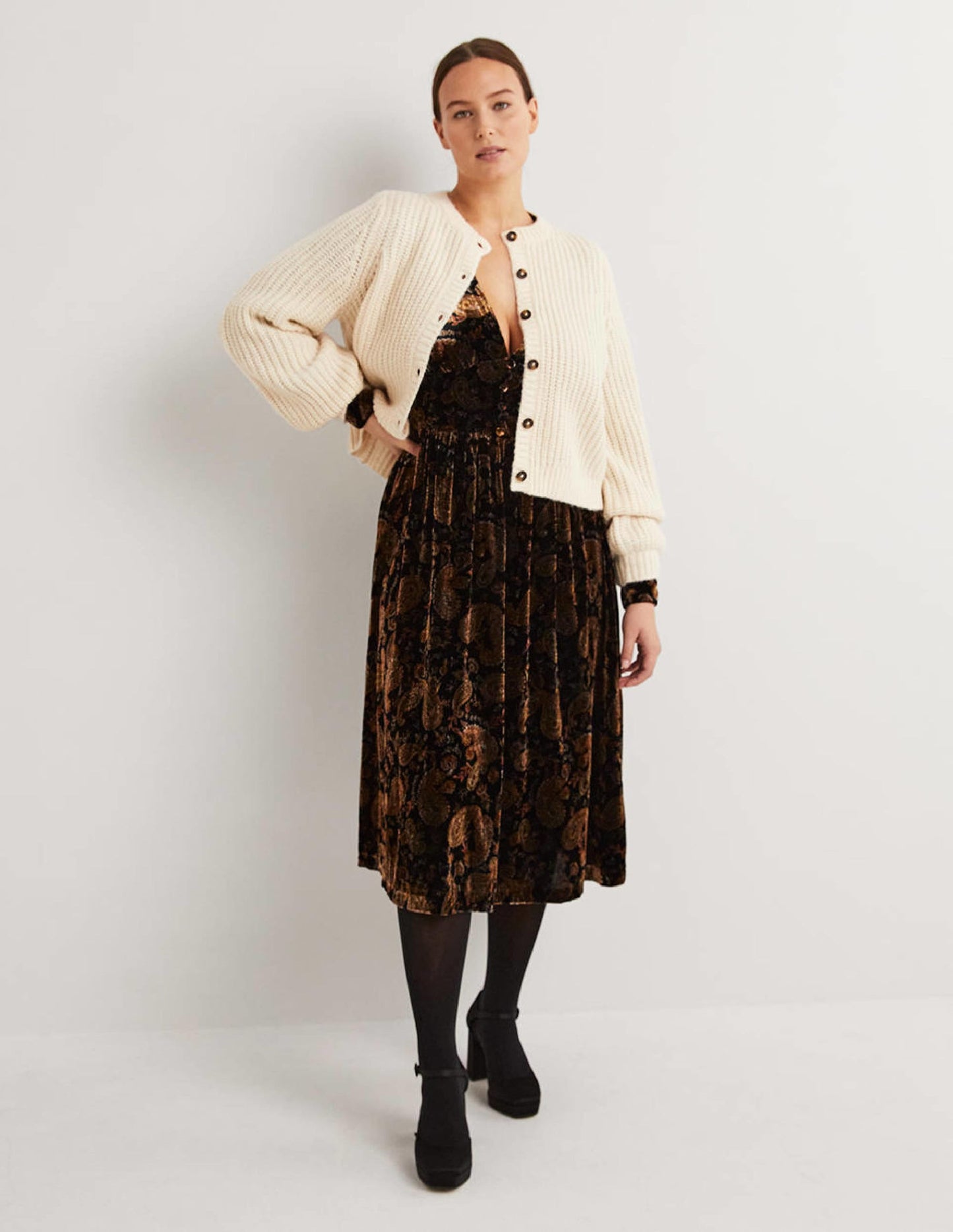 Black Paisley Velvet Midi Party Dress-Black, Paisley Passion