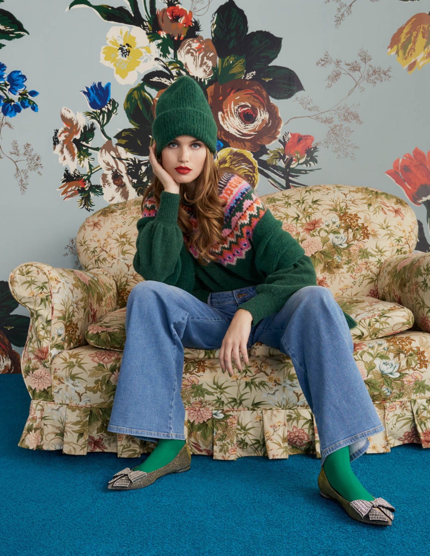 Blouson Sleeve Fluffy Sweater-Hunter Green, Fair Isle