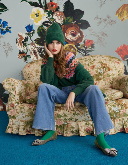 Blouson Sleeve Fluffy Sweater-Hunter Green, Fair Isle