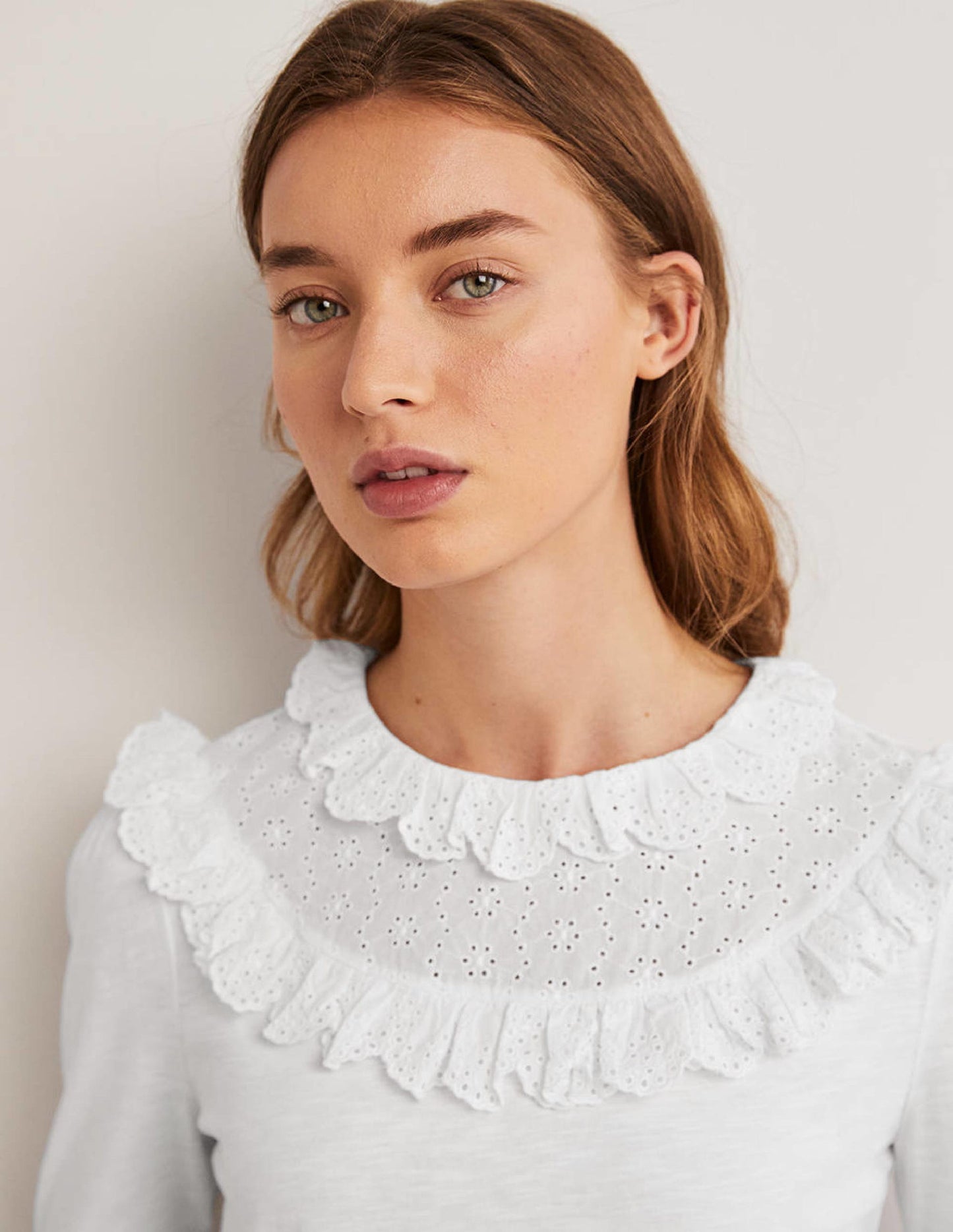 Broderie Yoke Frill Top-White
