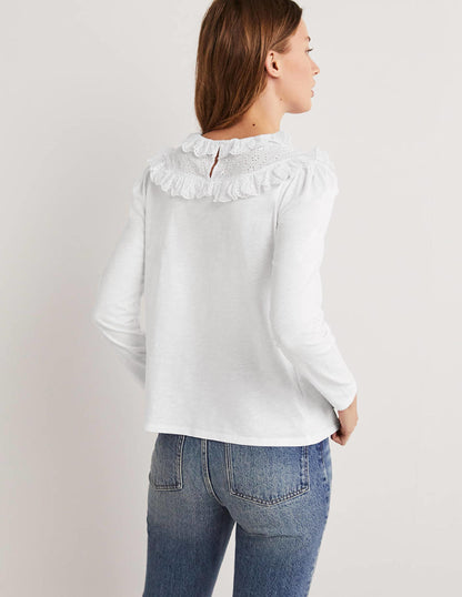 Broderie Yoke Frill Top-White
