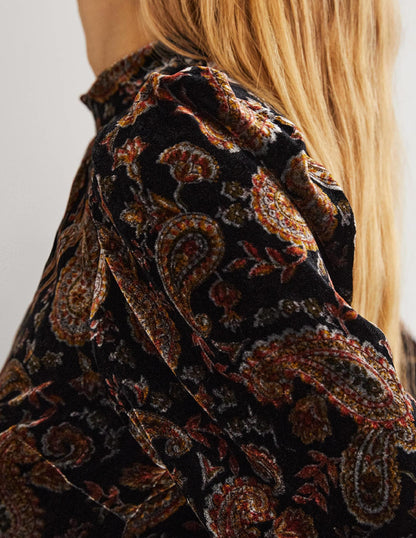 Black Paisley Mutton Sleeve Velvet Top-Black, Paisley Passion