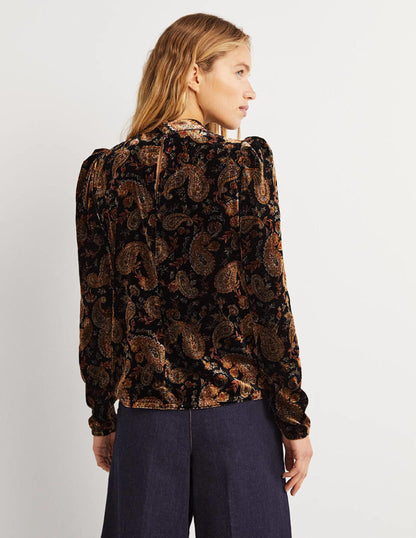 Black Paisley Mutton Sleeve Velvet Top-Black, Paisley Passion