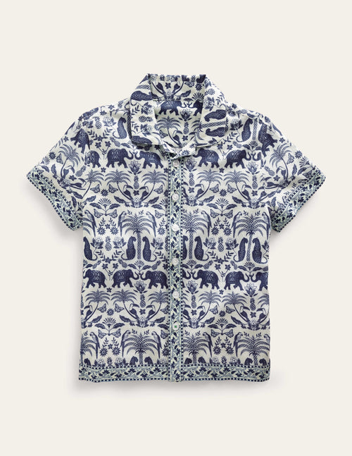 Border Printed Shirt-Sapphire Woodblock Tropical