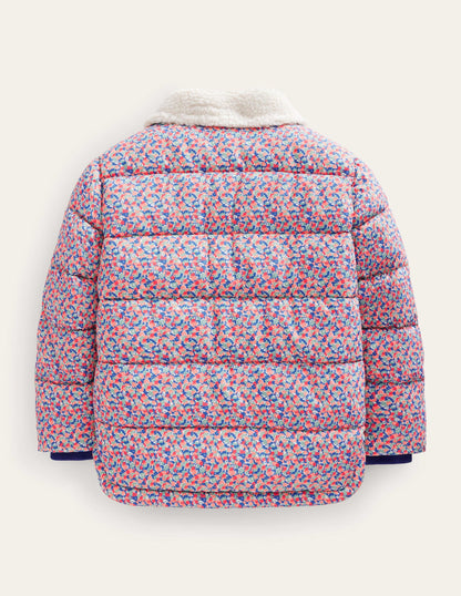 Borg Detail Padded Jacket-Jam Red Micro Floral