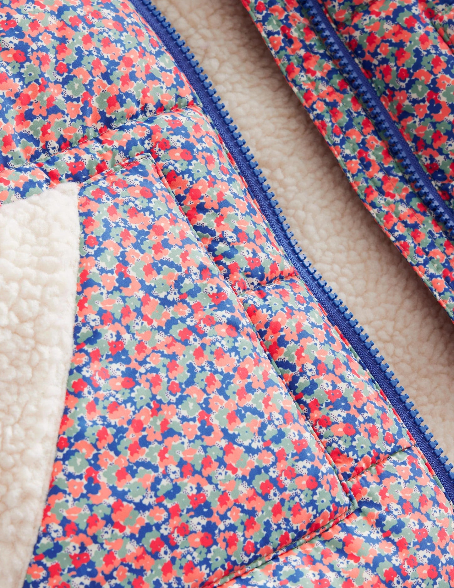 Borg Detail Padded Jacket-Jam Red Micro Floral