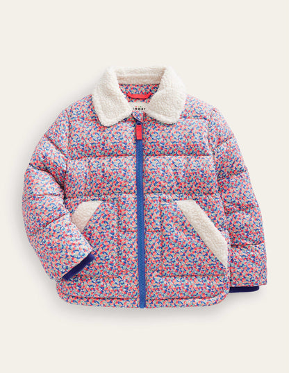 Borg Detail Padded Jacket-Jam Red Micro Floral