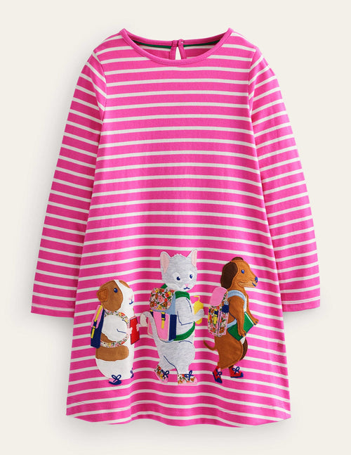 Big Appliqué Dress-Tickled Pink/Ivory