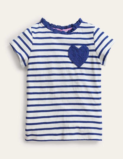 Broderie Pocket T-shirt-Starboard Blue/Ivory