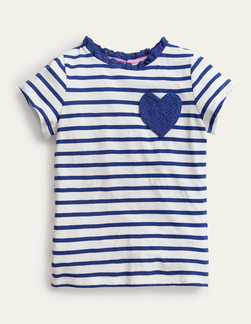 Broderie Pocket T-shirt-Starboard Blue/Ivory