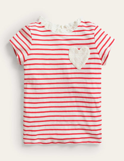 Broderie Pocket T-shirt-Strawberry Tart/Ivory