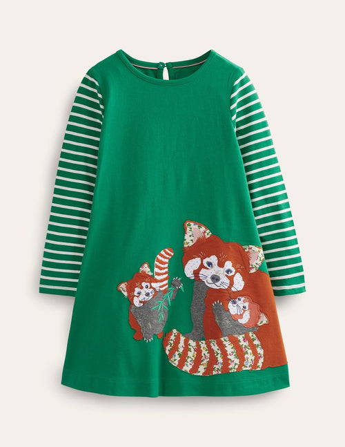 Big Appliqué Dress-Deep Green Red Pandas