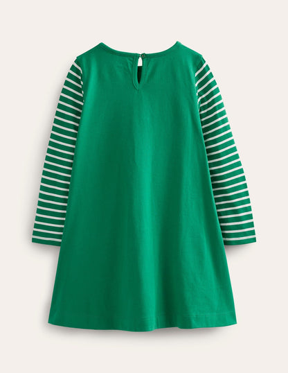 Big Appliqué Dress-Deep Green Red Pandas