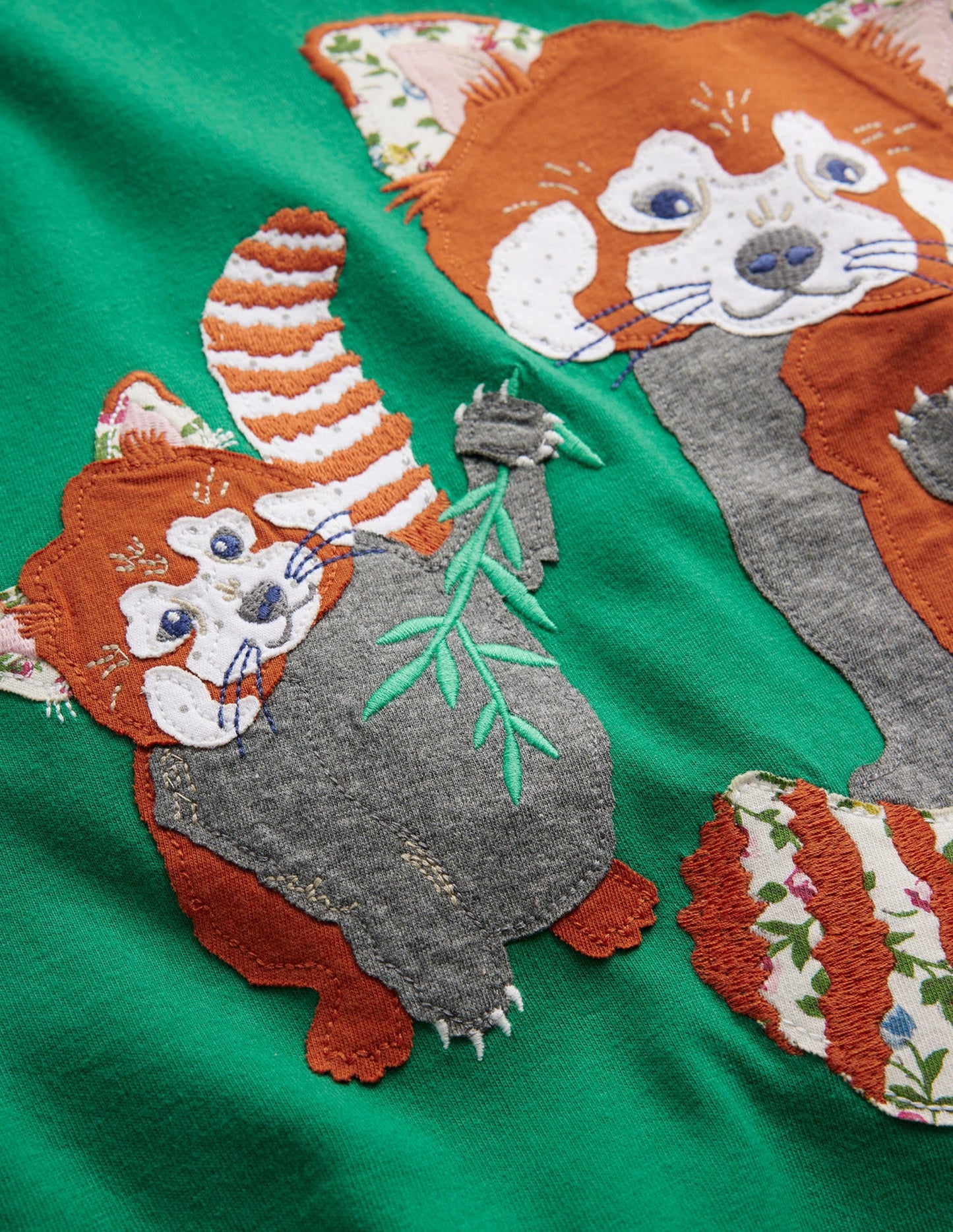 Big Appliqué Dress-Deep Green Red Pandas