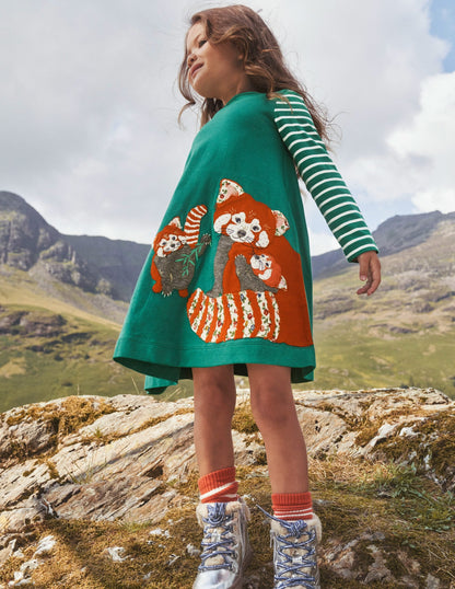 Big Appliqué Dress-Deep Green Red Pandas