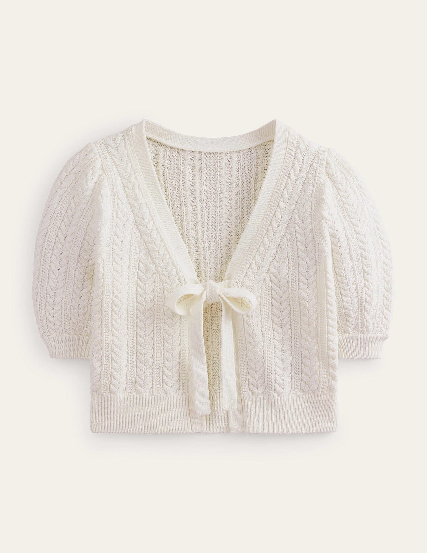 Bow-Trim Cropped Cardigan-Warm Ivory