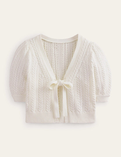 Bow-Trim Cropped Cardigan-Warm Ivory