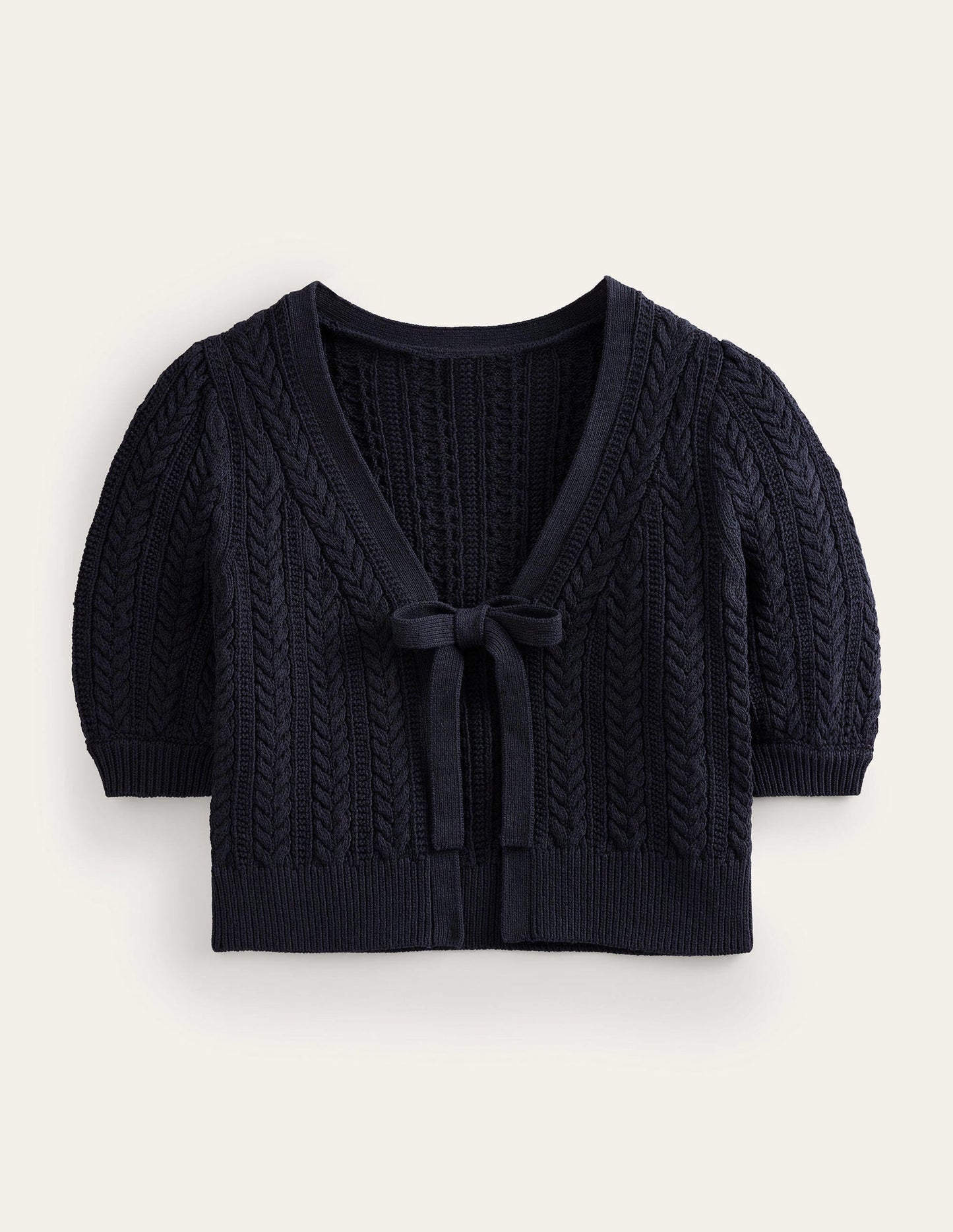 Bow-Trim Cropped Cardigan-Navy