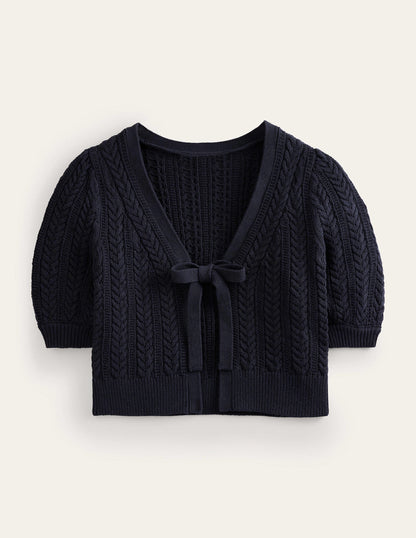 Bow-Trim Cropped Cardigan-Navy