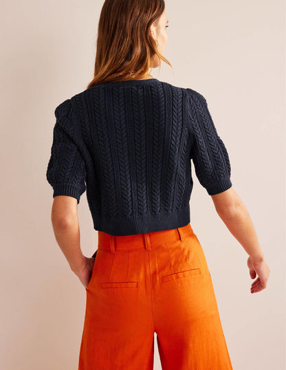 Bow-Trim Cropped Cardigan-Navy