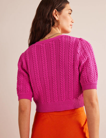Bow-Trim Cropped Cardigan-Phlox Pink