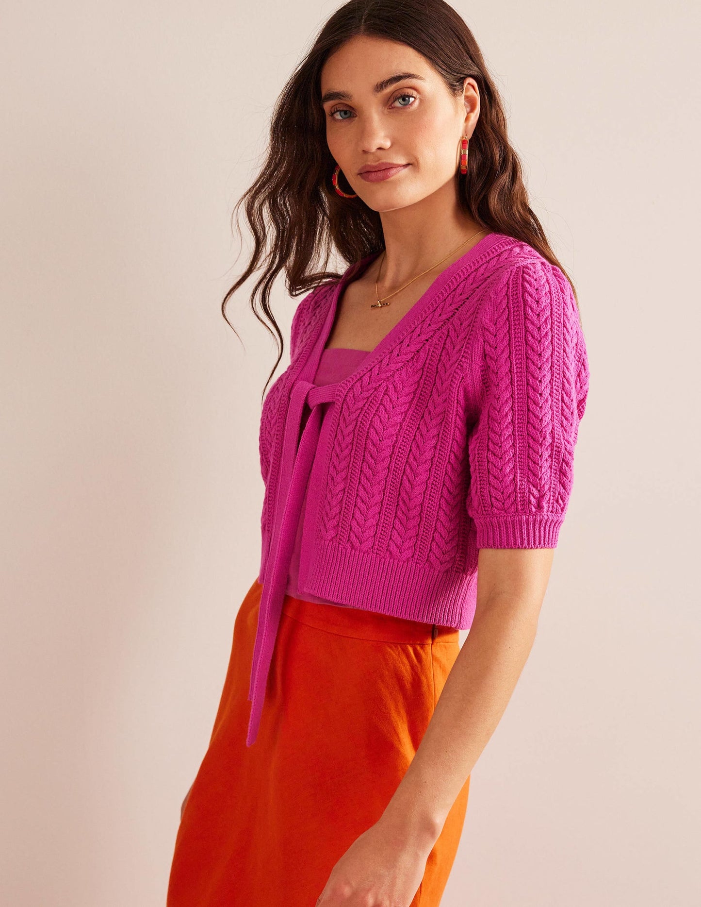 Bow-Trim Cropped Cardigan-Phlox Pink