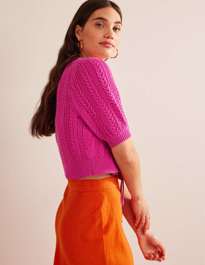 Bow-Trim Cropped Cardigan-Phlox Pink