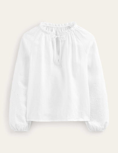Broderie Tie-Neck Linen Top-White