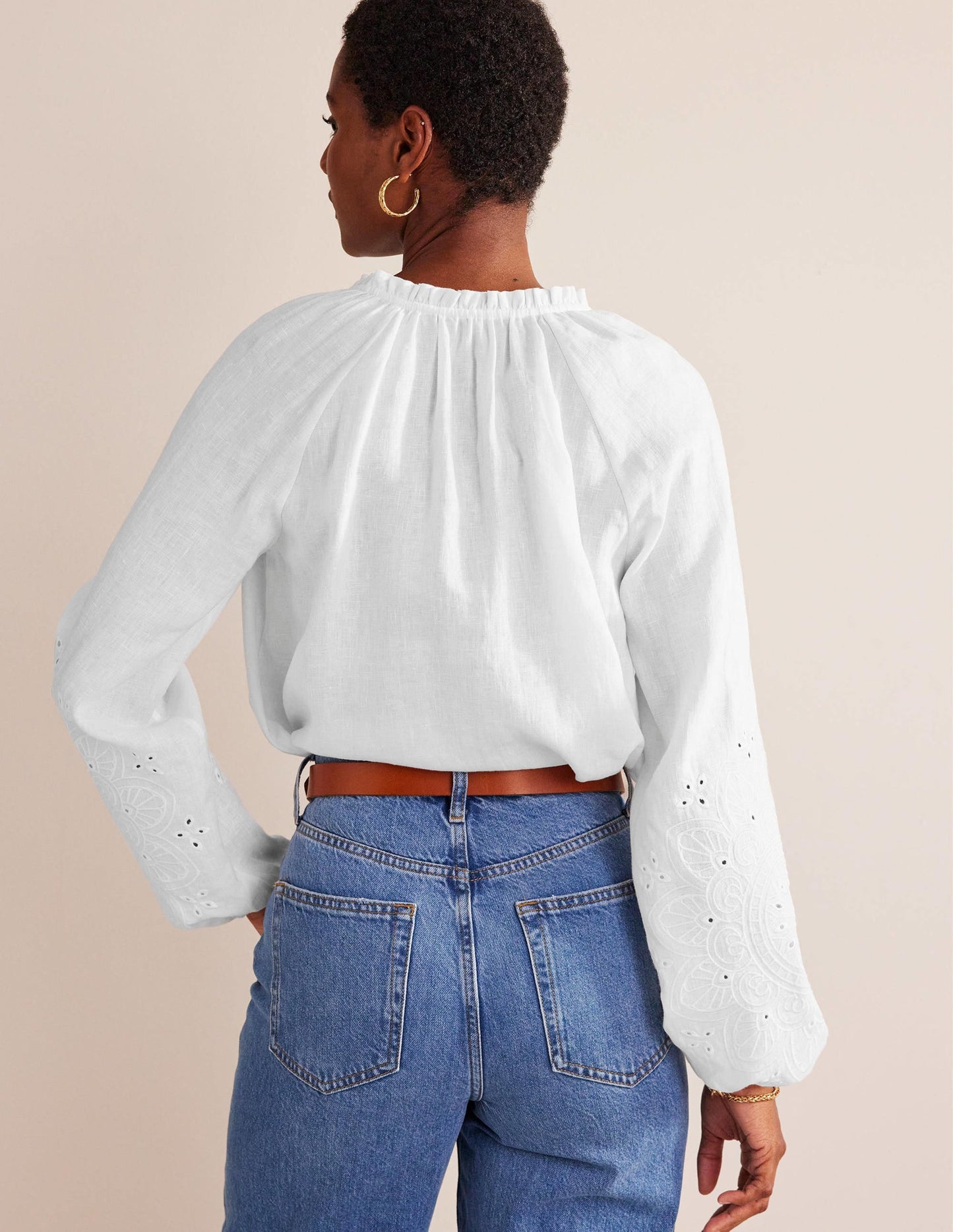 Broderie Tie-Neck Linen Top-White