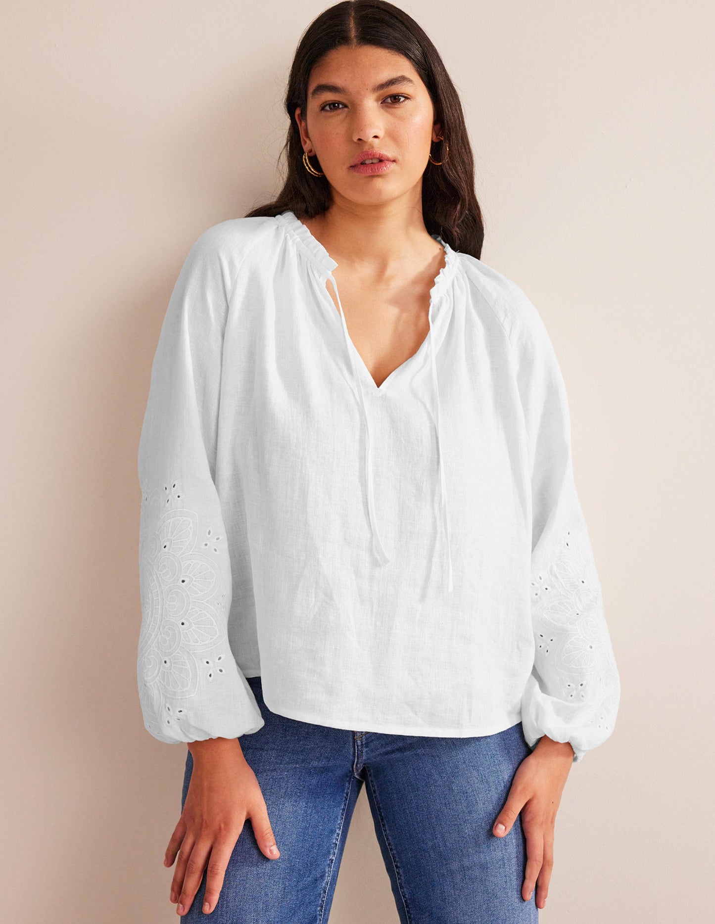 Broderie Tie-Neck Linen Top-White
