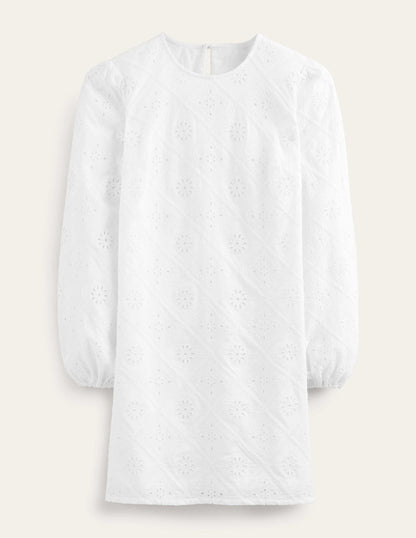 Broderie Mini Shift Dress-White